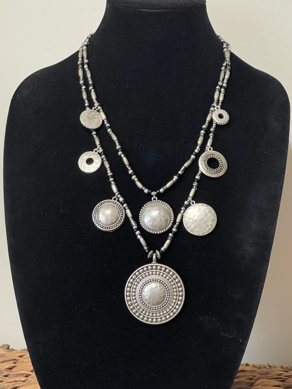 Chico's Silver-Tone Layered Coin & Beaded Pendant Necklace